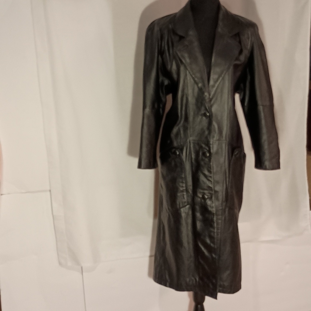 Vintage, Brandon Thomas Full Length Black Leather Coat - Size Petite Small